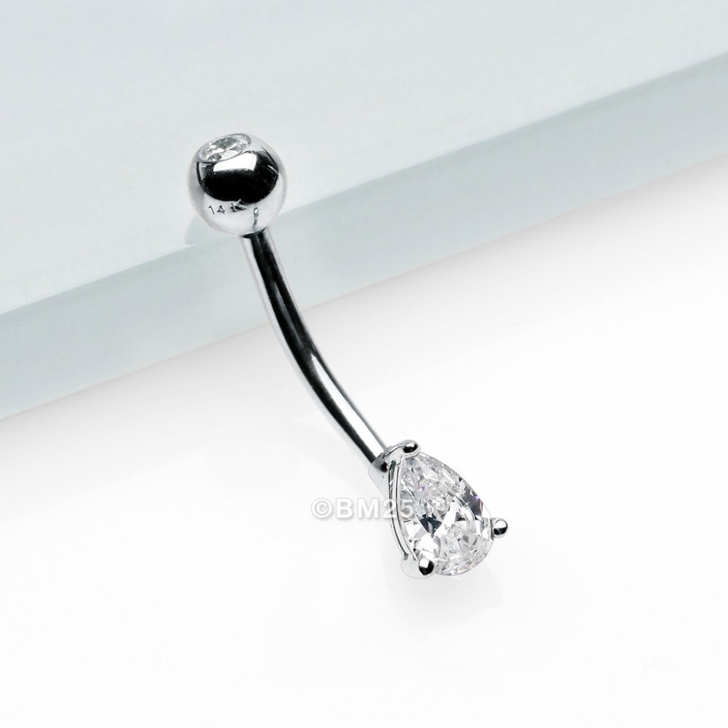 14 Karat White Gold Prong Set Teardrop Gem Belly Button Ring